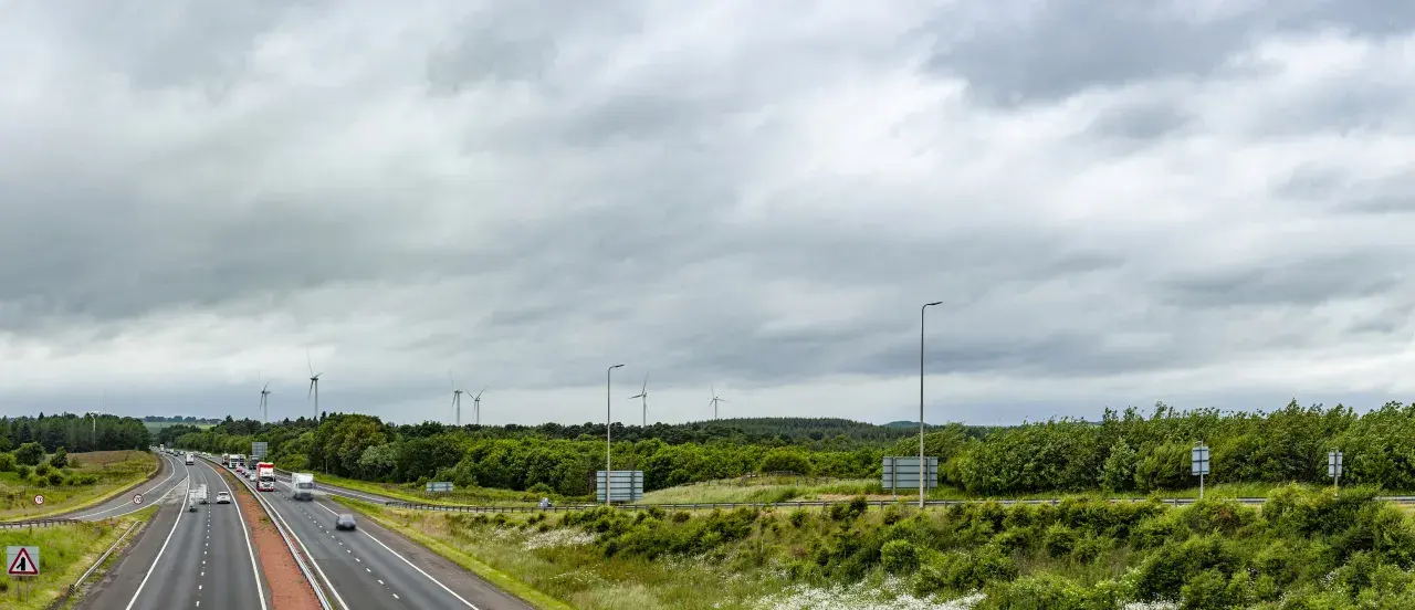View toward Torrance Wind Farms on M8 motorway in Scotland