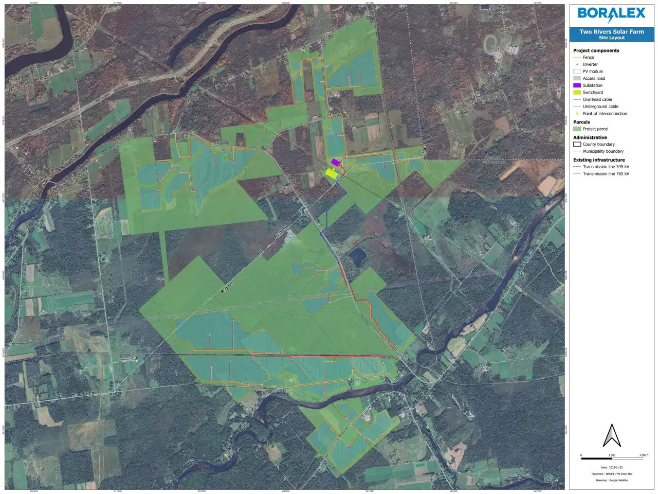 map of the Two Rivers Solar Facility site in Massena and Brasher New York