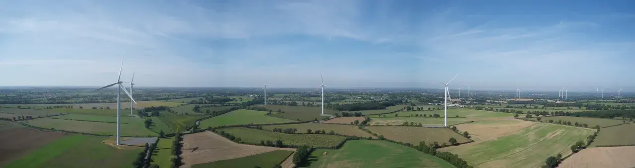 Panoramic view of the Coulonges Wind Farm turbines in Western France